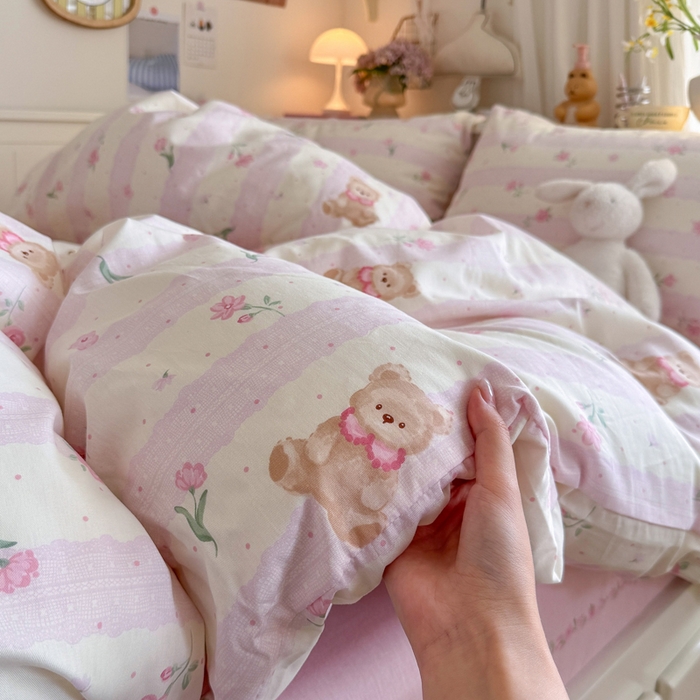 91家纺网 家纺一手货源 找家纺 Sweet dreams甜梦 2025新款卡通小清新全棉四件套 花花小熊