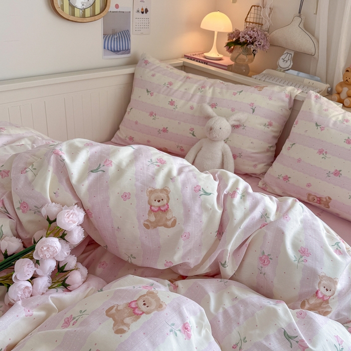 91家纺网 家纺一手货源 找家纺 Sweet dreams甜梦 2025新款卡通小清新全棉四件套 花花小熊