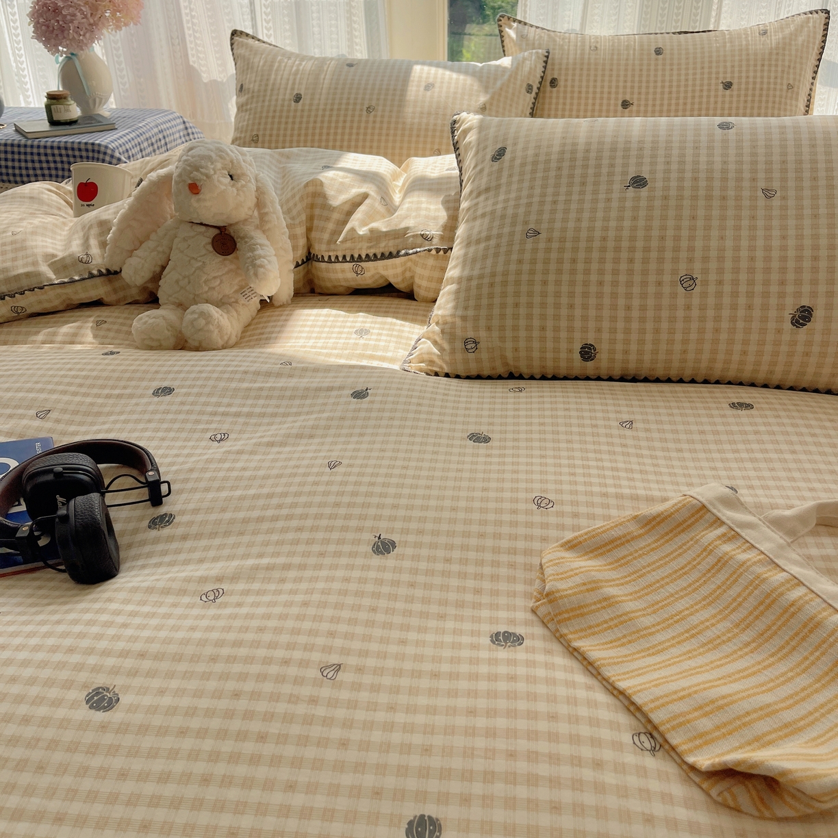 91家纺网 家纺一手货源 找家纺 瑞莱 2025开学季全棉印花贝壳边四件套 甜糯南瓜