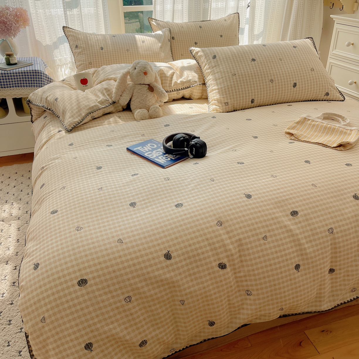 91家纺网 家纺一手货源 找家纺 瑞莱 2025开学季全棉印花贝壳边四件套 甜糯南瓜