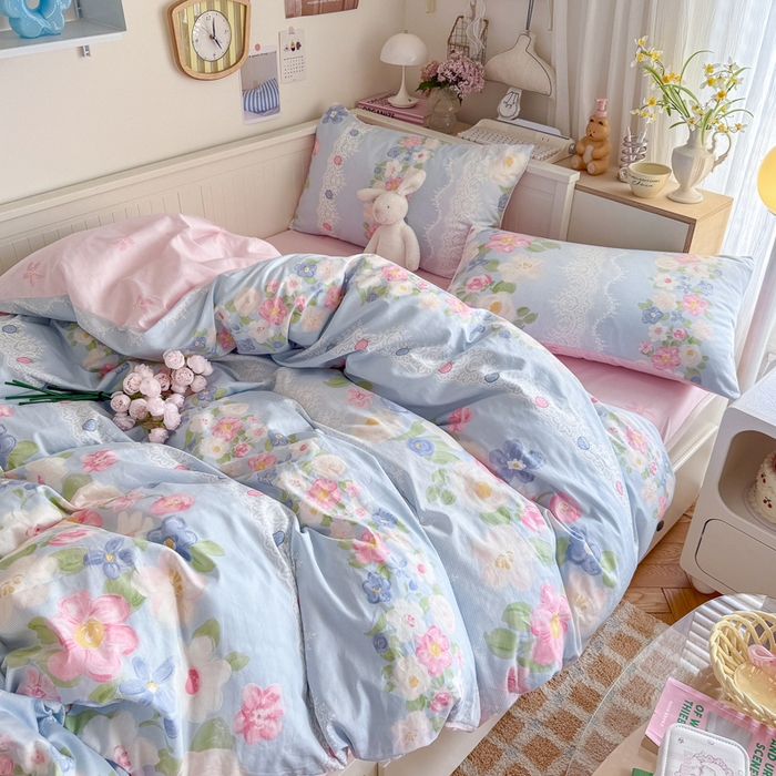 91家纺网 家纺一手货源 找家纺 Sweet dreams甜梦 2025新款卡通小清新全棉四件套 花季