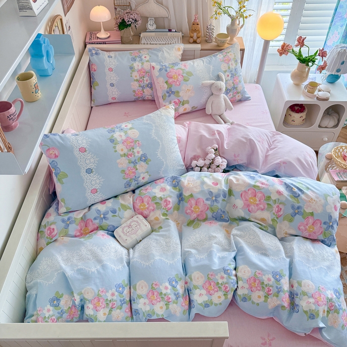 91家纺网 家纺一手货源 找家纺 Sweet dreams甜梦 2025新款卡通小清新全棉四件套 花季