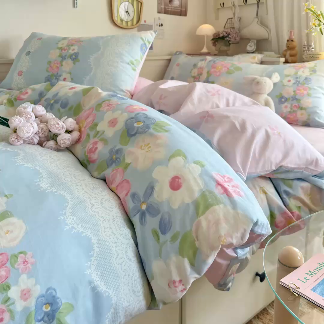 91家纺网 家纺一手货源 找家纺 Sweet dreams甜梦 2025新款卡通小清新全棉四件套 花季