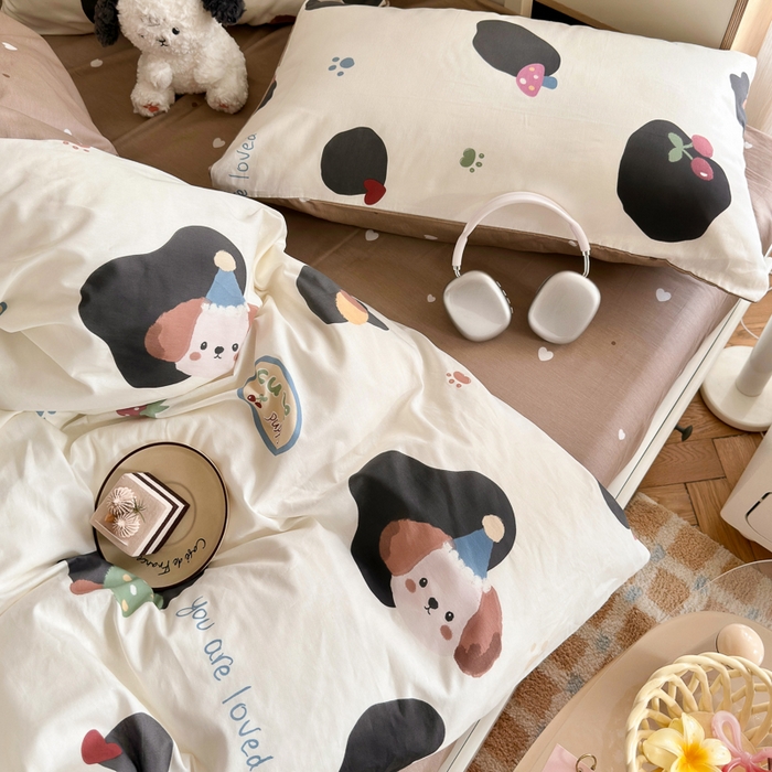 91家纺网 家纺一手货源 找家纺 Sweet dreams甜梦 2025新款卡通小清新全棉四件套 蘑菇小狗