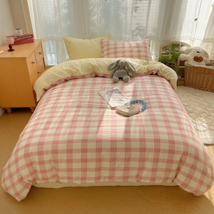 91家纺网 家纺一手货源 找家纺 轻奢坊2025新款格子撞色四件套 格格黄