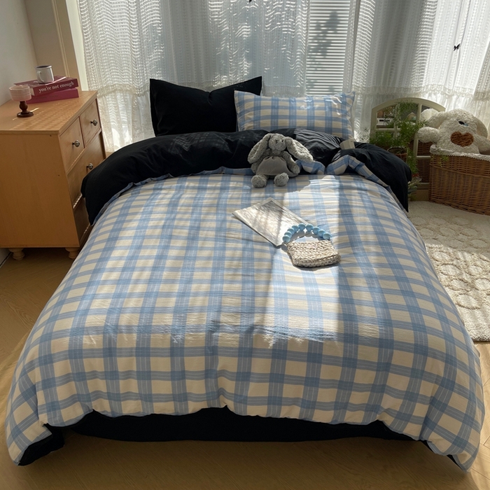 91家纺网 家纺一手货源 找家纺 轻奢坊2025新款格子撞色四件套 格格蓝