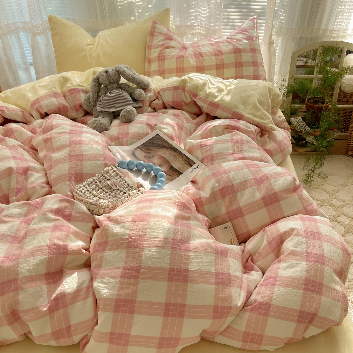 91家纺网 家纺一手货源 找家纺 轻奢坊2025新款格子撞色四件套 格格黄