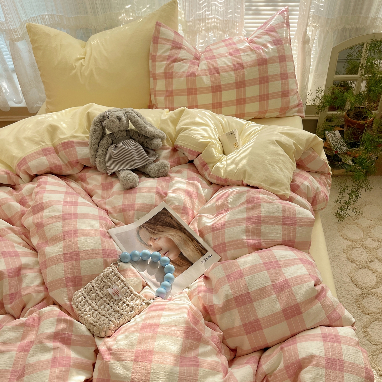 91家纺网 家纺一手货源 找家纺 轻奢坊2025新款格子撞色四件套 格格黄