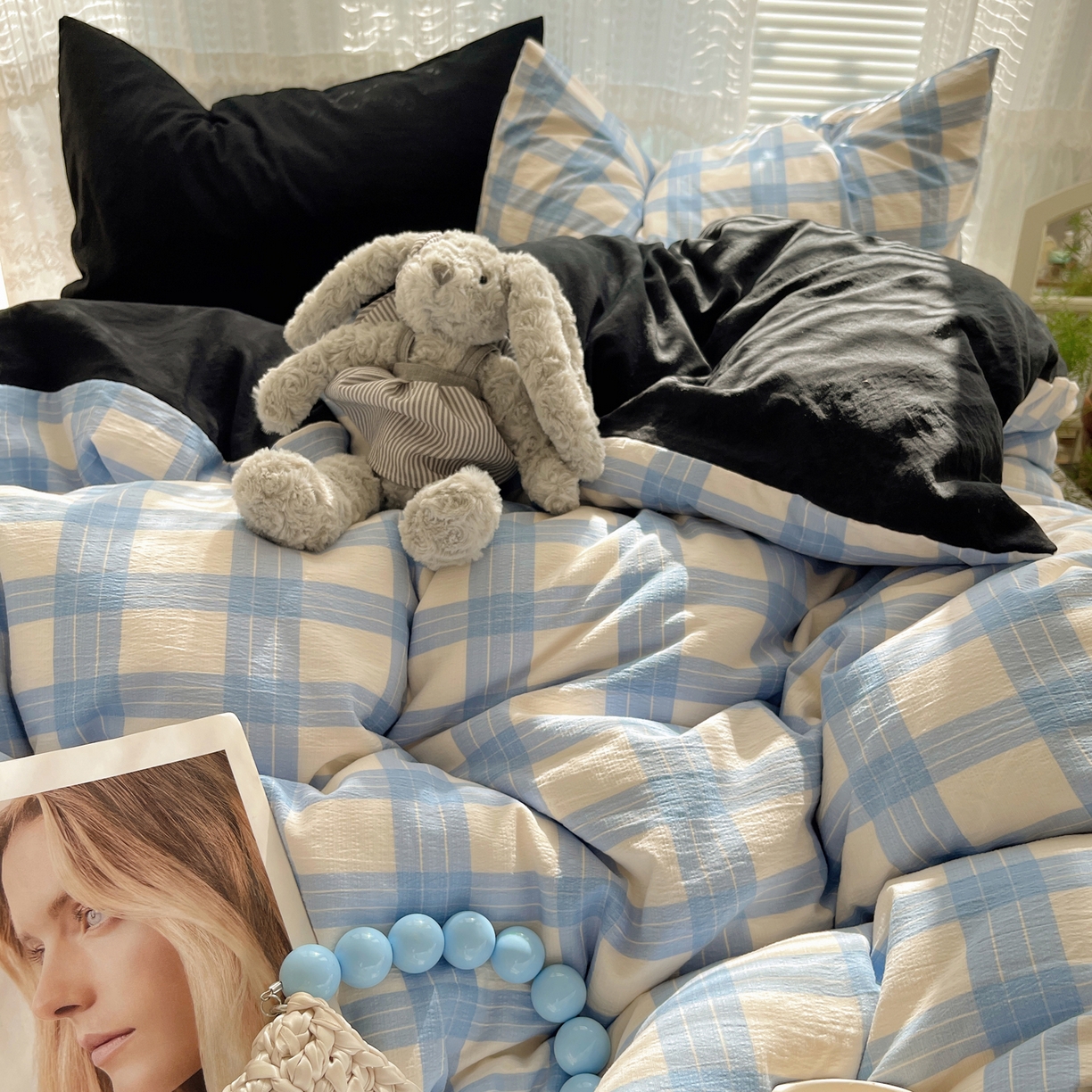 91家纺网 家纺一手货源 找家纺 轻奢坊2025新款格子撞色四件套 格格蓝