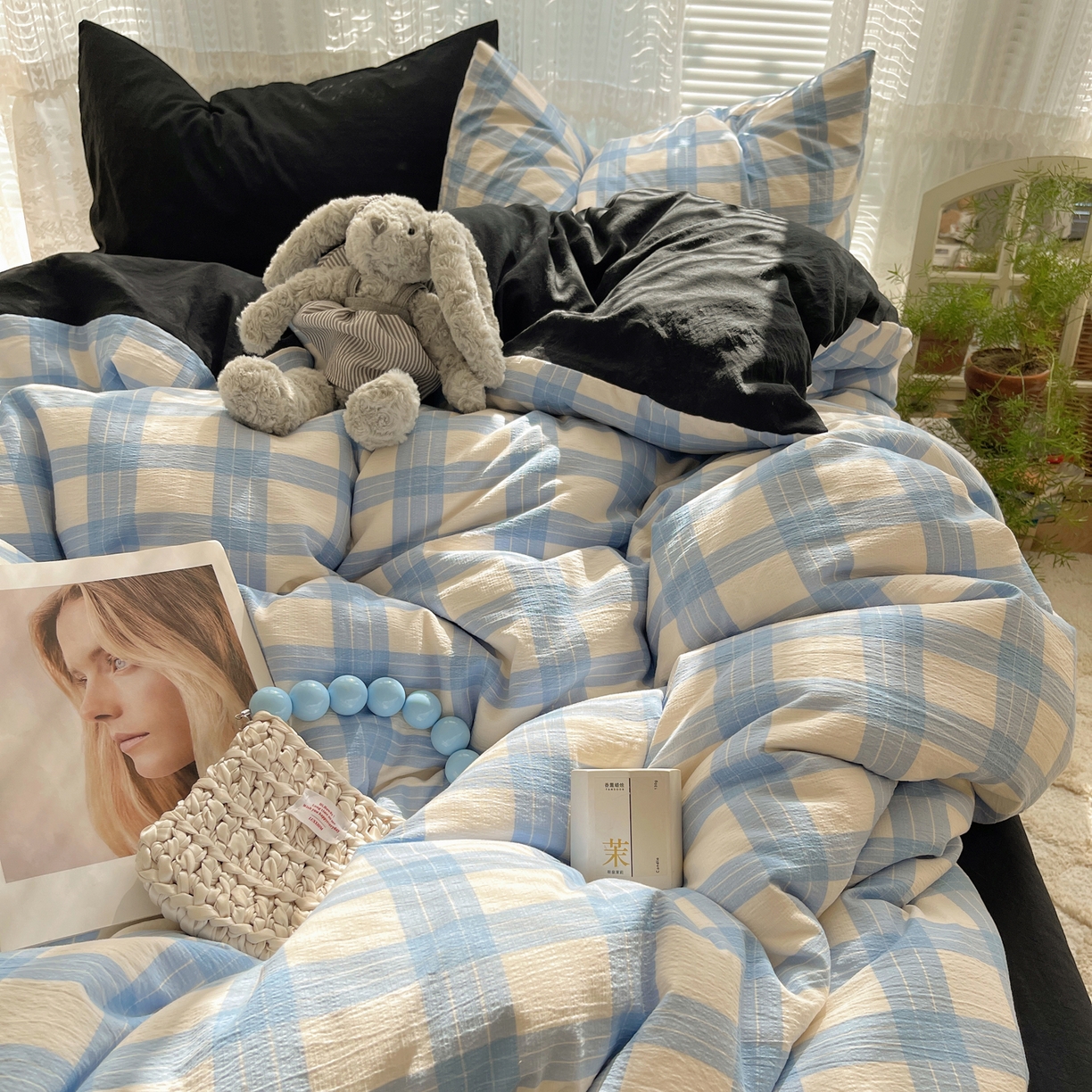 91家纺网 家纺一手货源 找家纺 轻奢坊2025新款格子撞色四件套 格格蓝