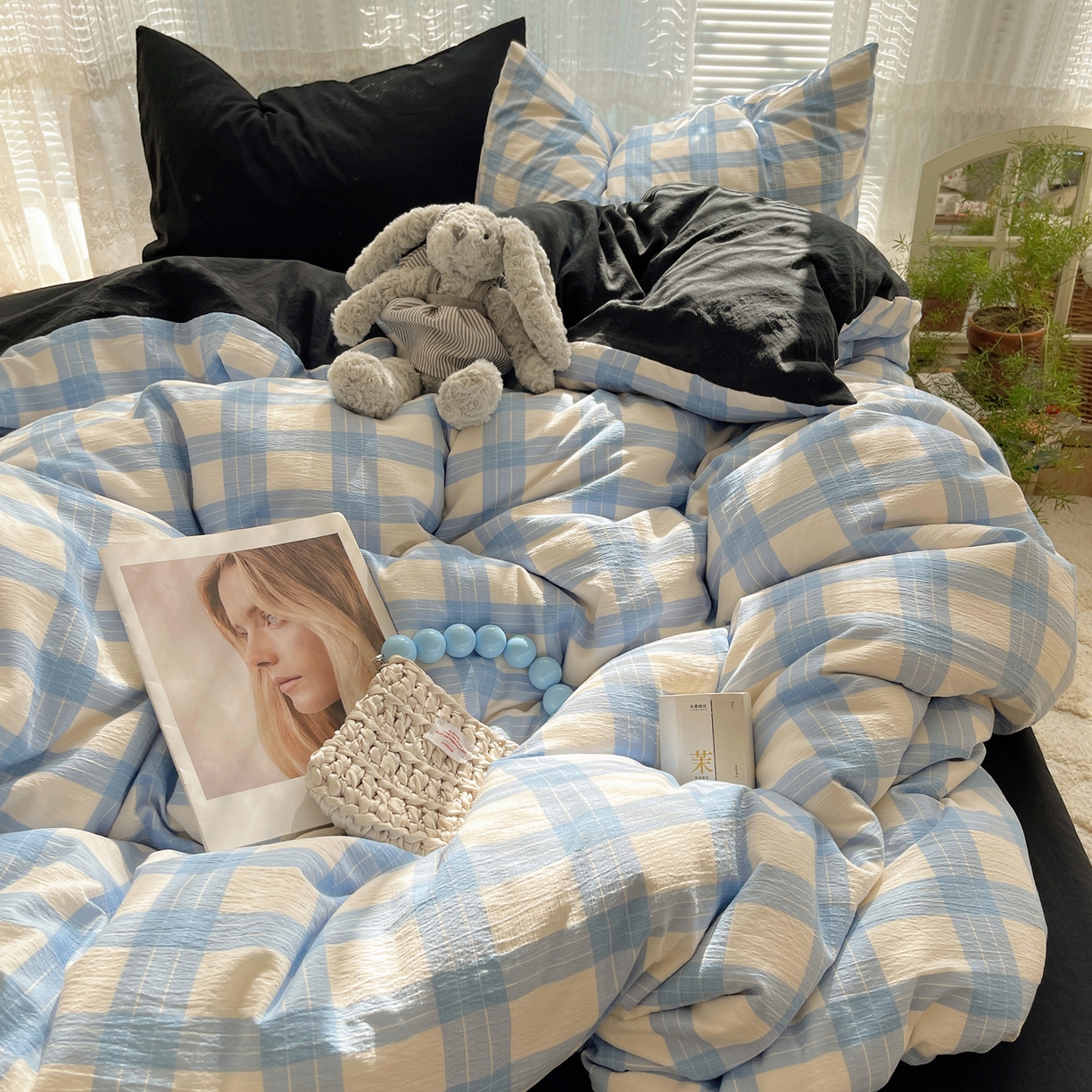 91家纺网 家纺一手货源 找家纺 轻奢坊2025新款格子撞色四件套 格格蓝