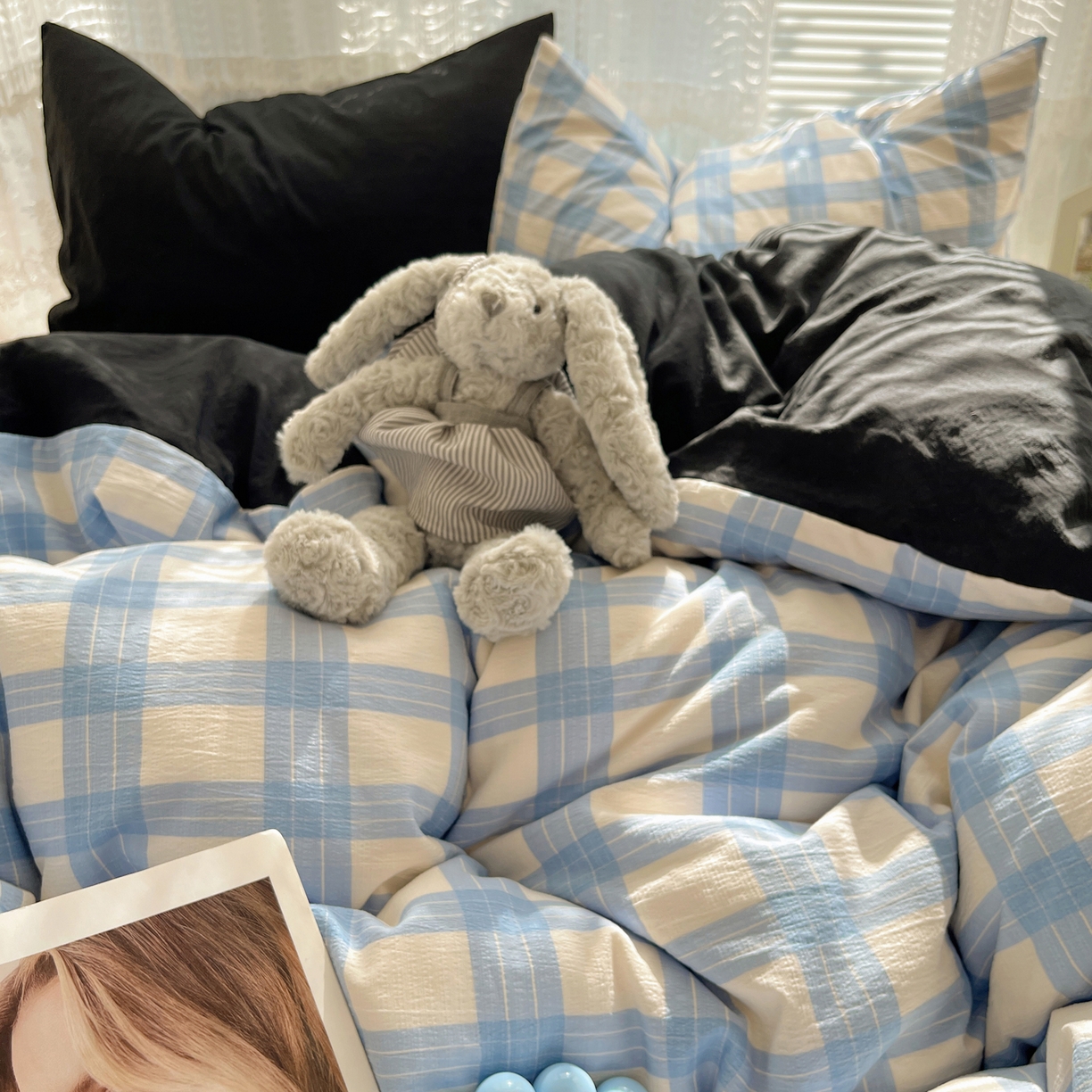 91家纺网 家纺一手货源 找家纺 轻奢坊2025新款格子撞色四件套 格格蓝