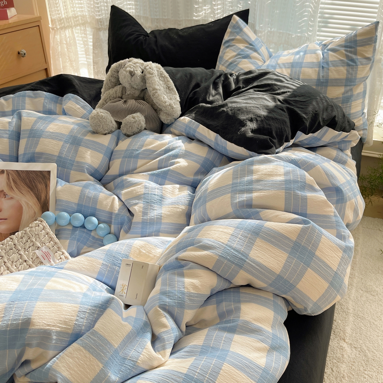 91家纺网 家纺一手货源 找家纺 轻奢坊2025新款格子撞色四件套 格格蓝