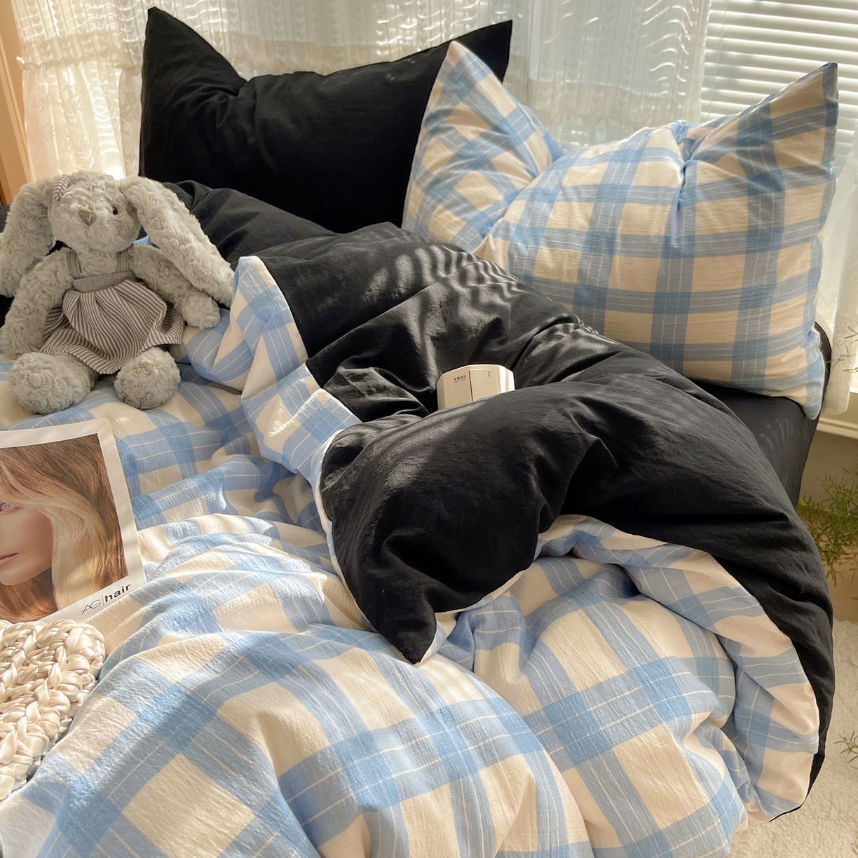 91家纺网 家纺一手货源 找家纺 轻奢坊2025新款格子撞色四件套 格格蓝