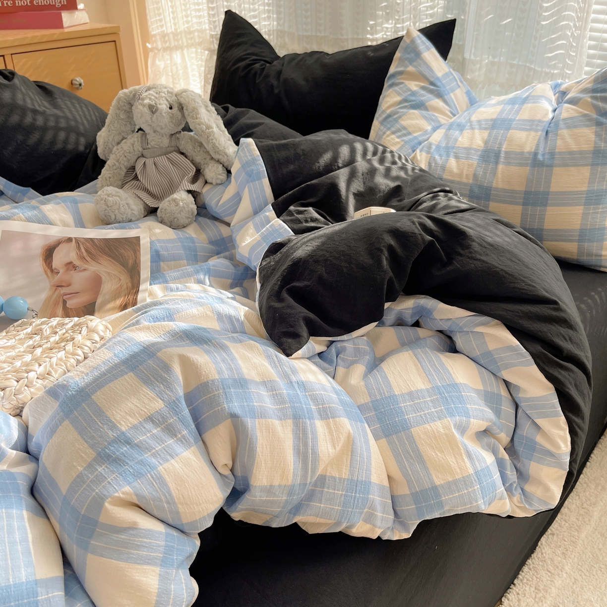 轻奢坊2025新款格子撞色四件套 格格蓝