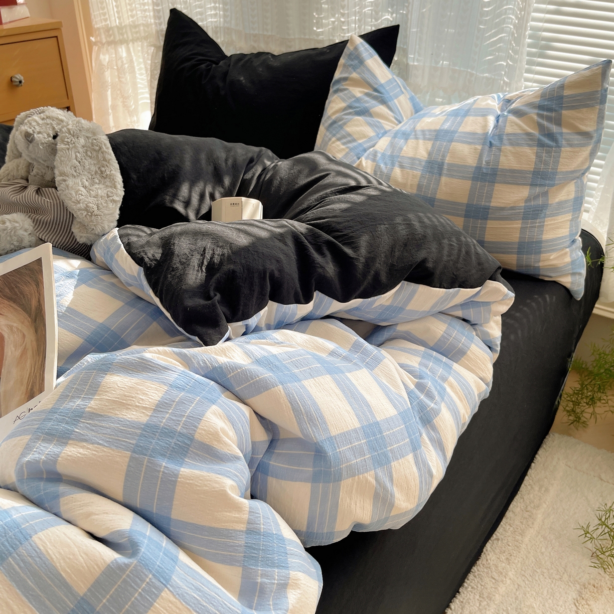 91家纺网 家纺一手货源 找家纺 轻奢坊2025新款格子撞色四件套 格格蓝