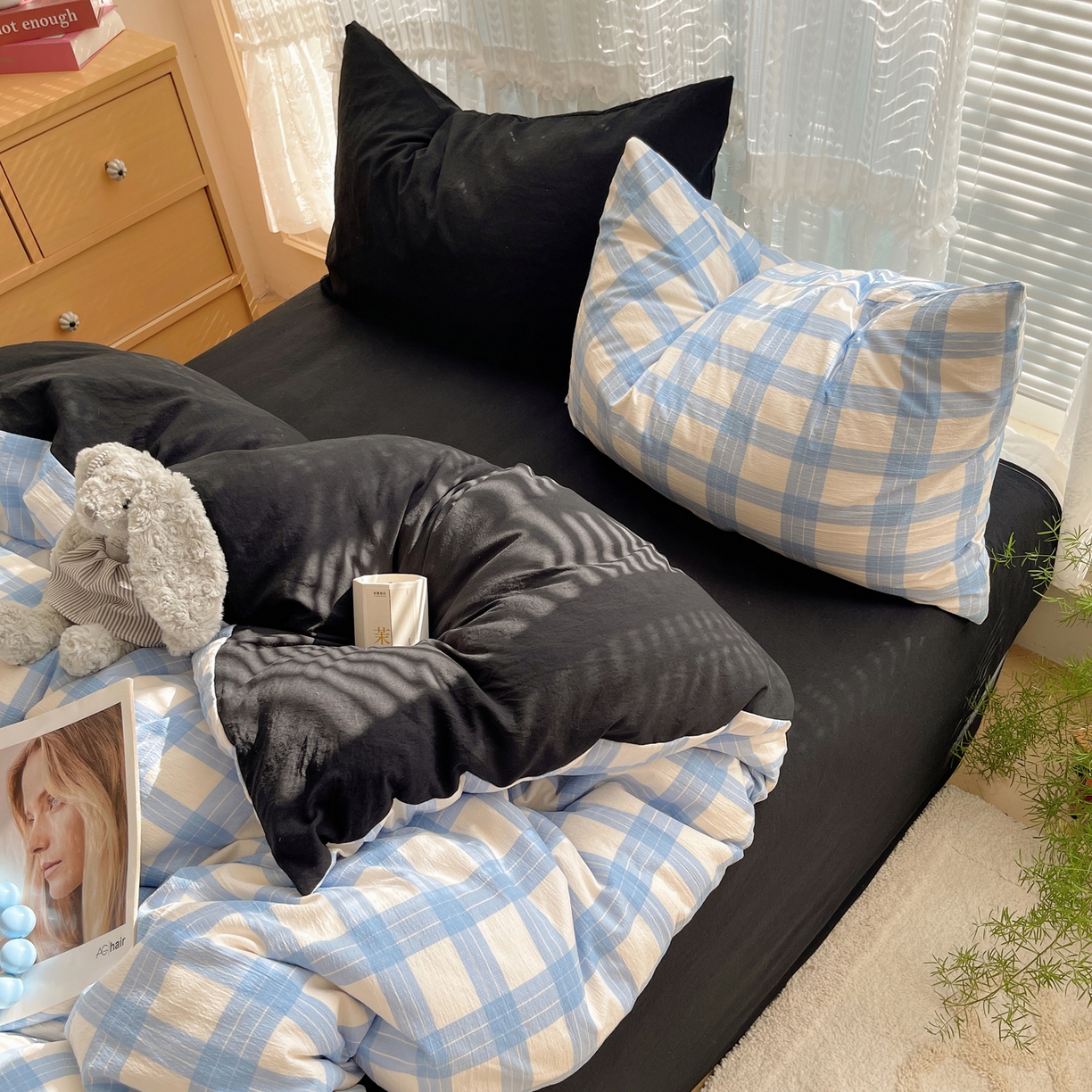 91家纺网 家纺一手货源 找家纺 轻奢坊2025新款格子撞色四件套 格格蓝