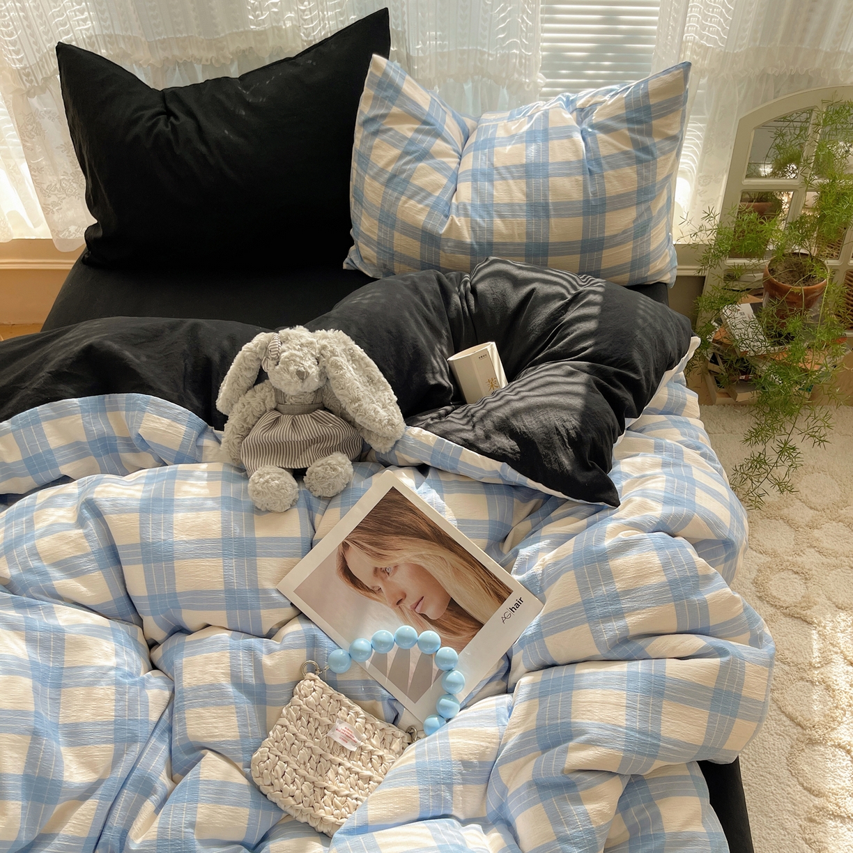 91家纺网 家纺一手货源 找家纺 轻奢坊2025新款格子撞色四件套 格格蓝