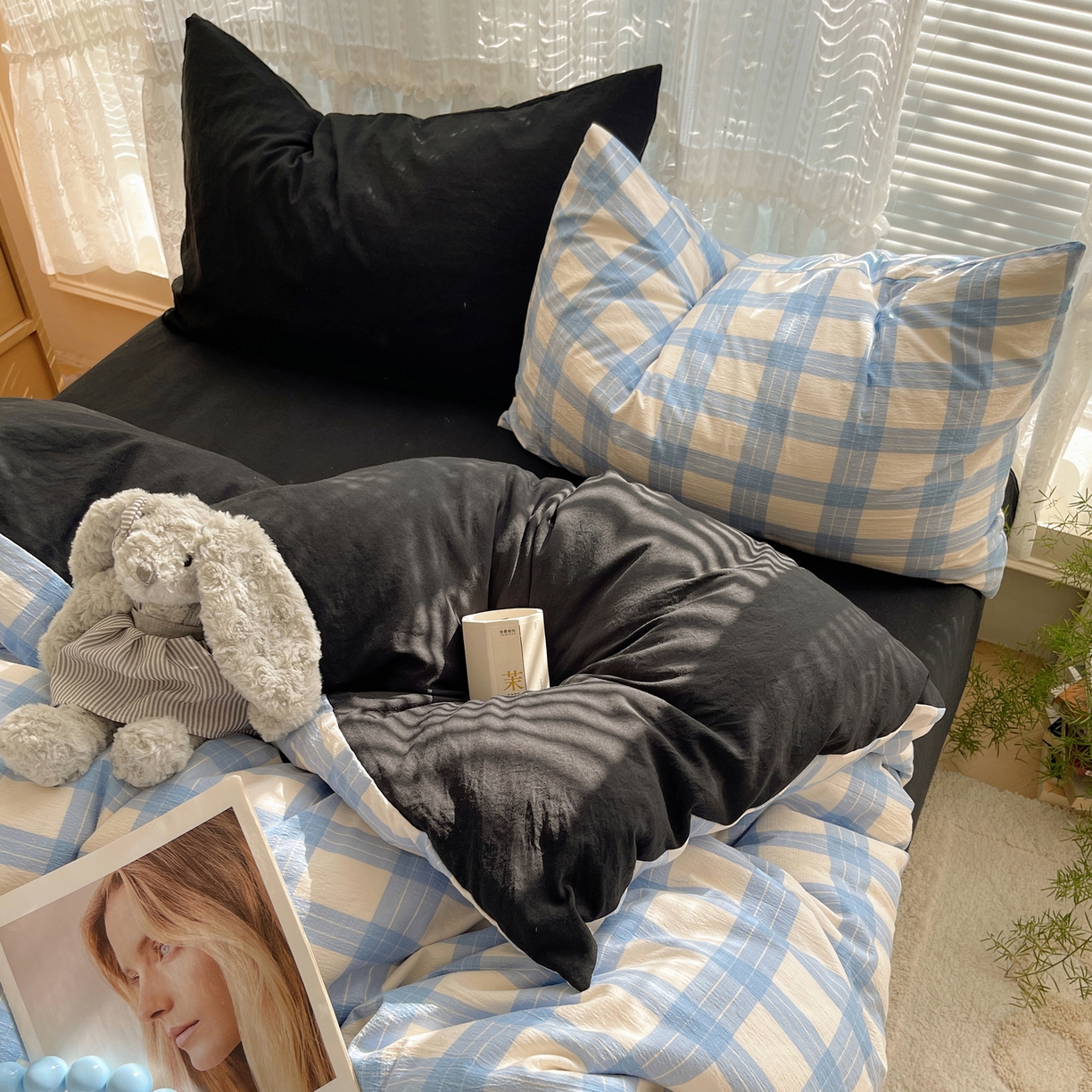 91家纺网 家纺一手货源 找家纺 轻奢坊2025新款格子撞色四件套 格格蓝