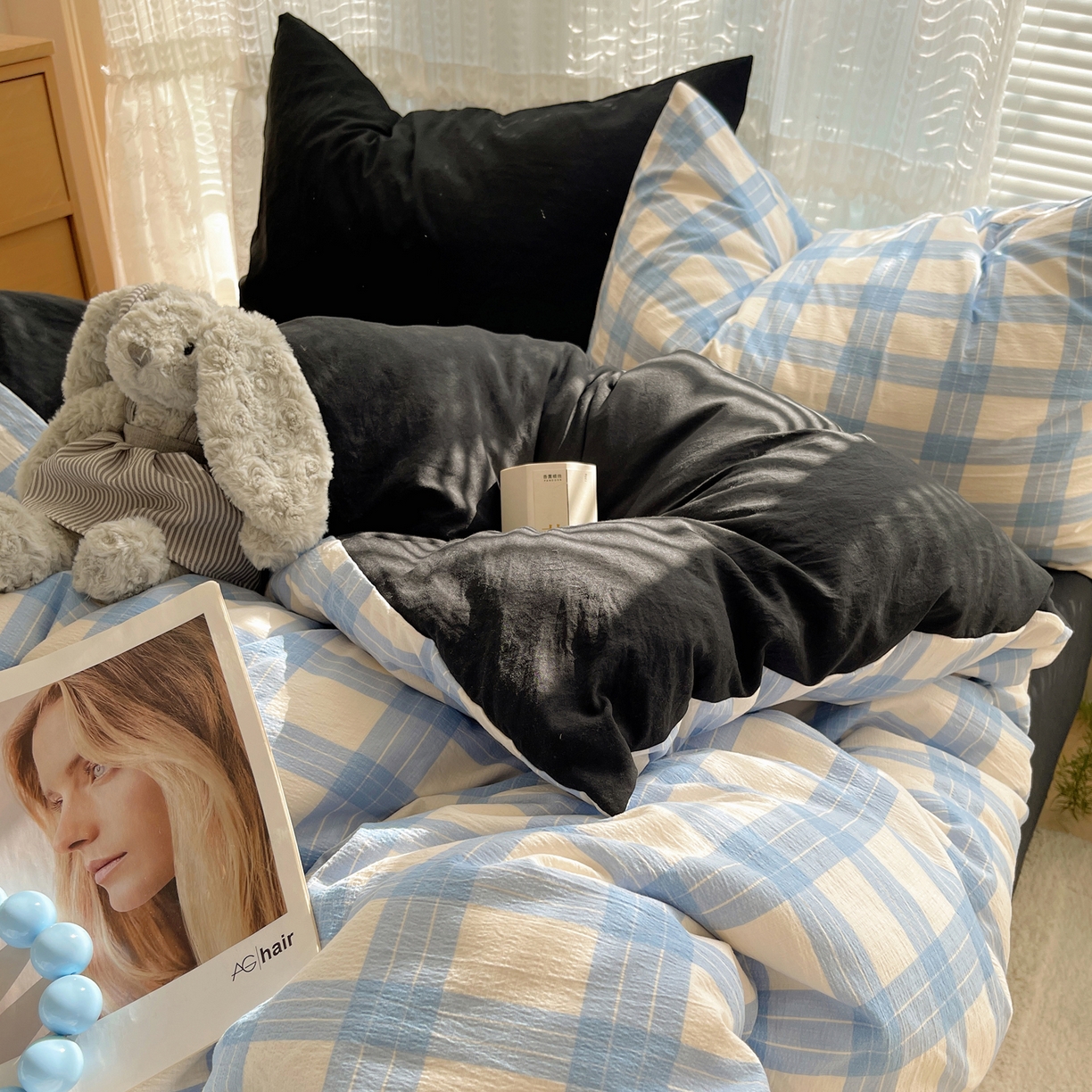 91家纺网 家纺一手货源 找家纺 轻奢坊2025新款格子撞色四件套 格格蓝