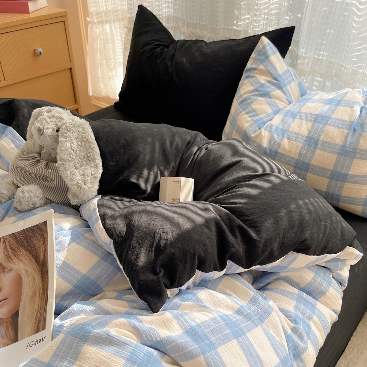 91家纺网 家纺一手货源 找家纺 轻奢坊2025新款格子撞色四件套 格格蓝