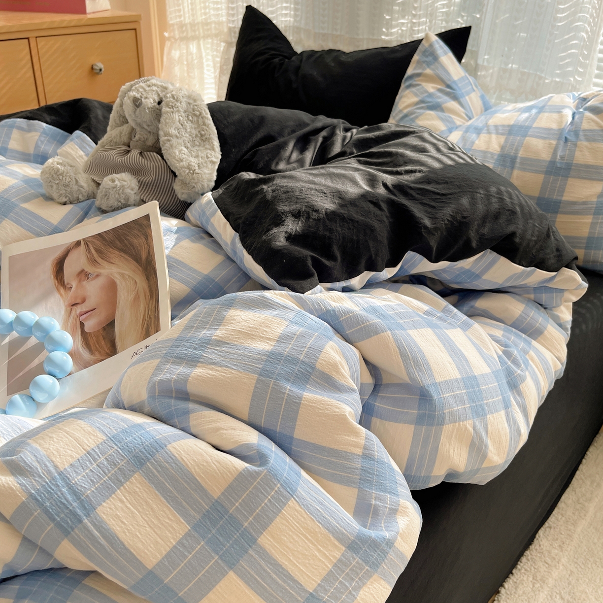 91家纺网 家纺一手货源 找家纺 轻奢坊2025新款格子撞色四件套 格格蓝