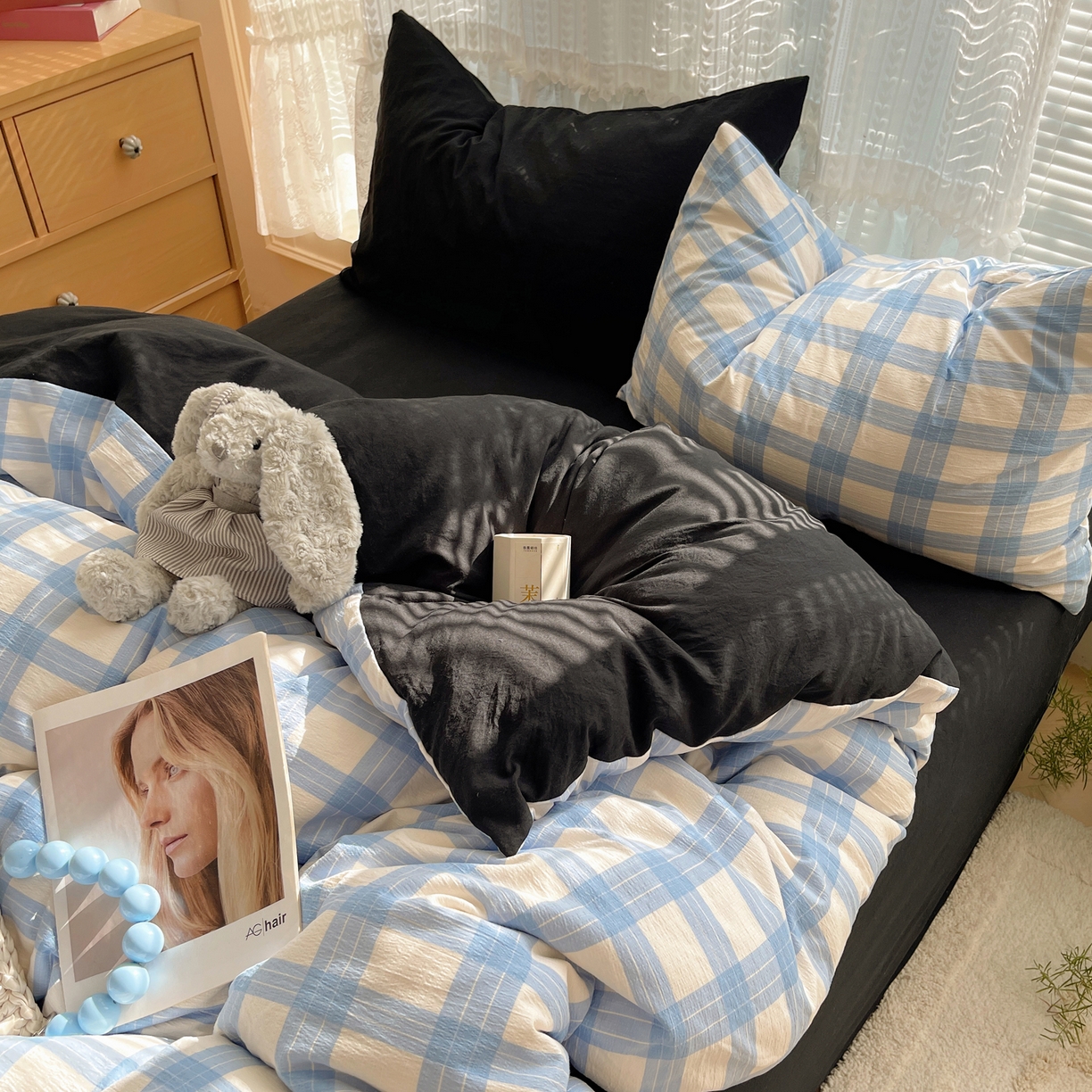 91家纺网 家纺一手货源 找家纺 轻奢坊2025新款格子撞色四件套 格格蓝