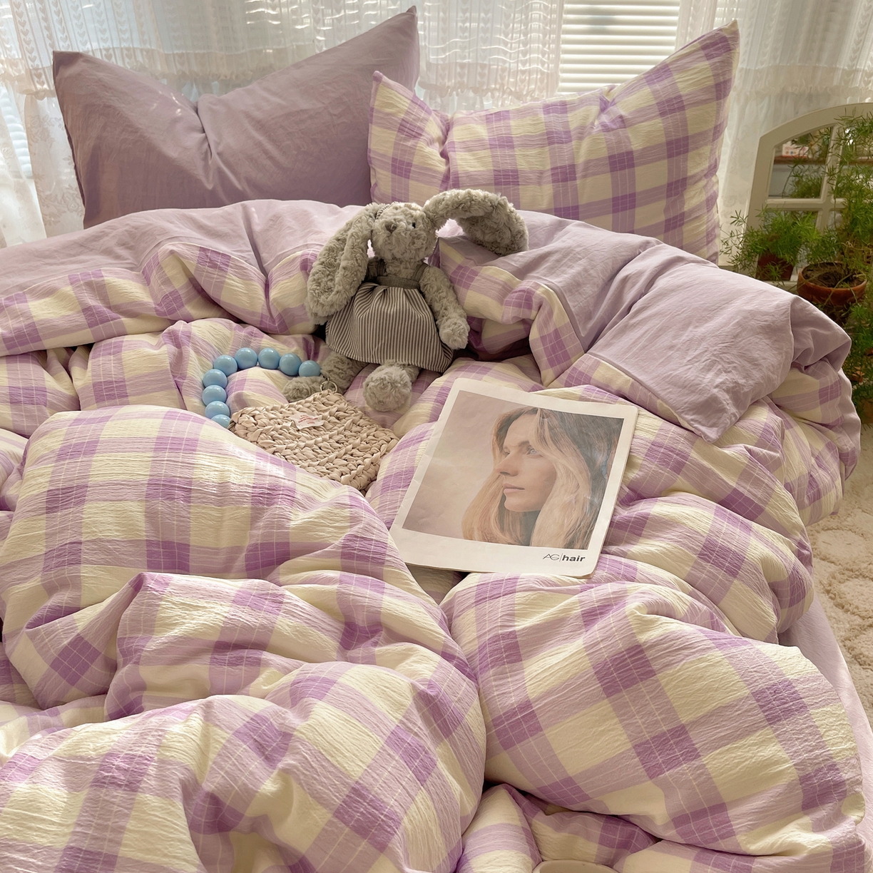 91家纺网 家纺一手货源 找家纺 轻奢坊2025新款格子撞色四件套 格格粉