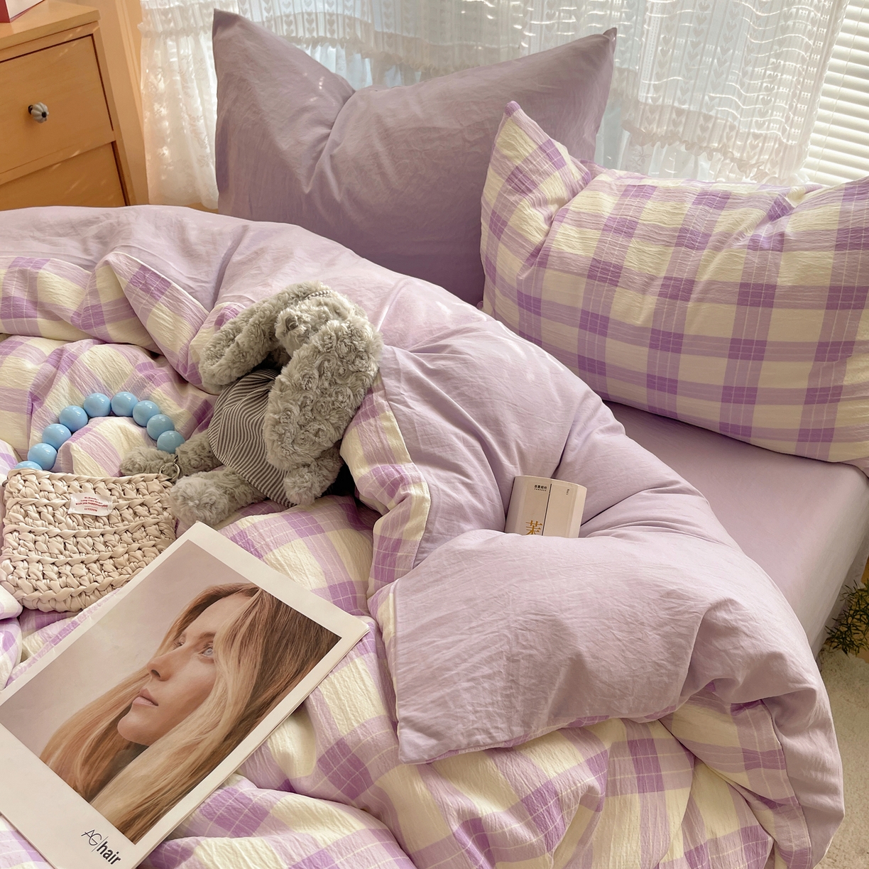 91家纺网 家纺一手货源 找家纺 轻奢坊2025新款格子撞色四件套 格格粉