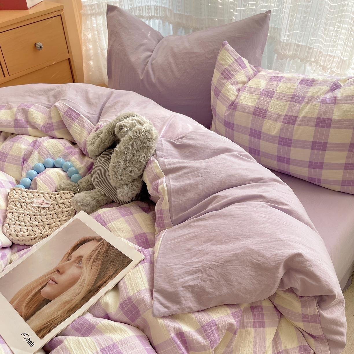 91家纺网 家纺一手货源 找家纺 轻奢坊2025新款格子撞色四件套 格格粉