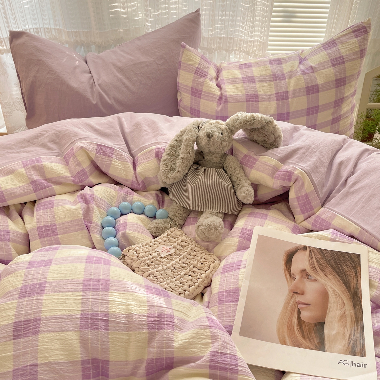 91家纺网 家纺一手货源 找家纺 轻奢坊2025新款格子撞色四件套 格格粉