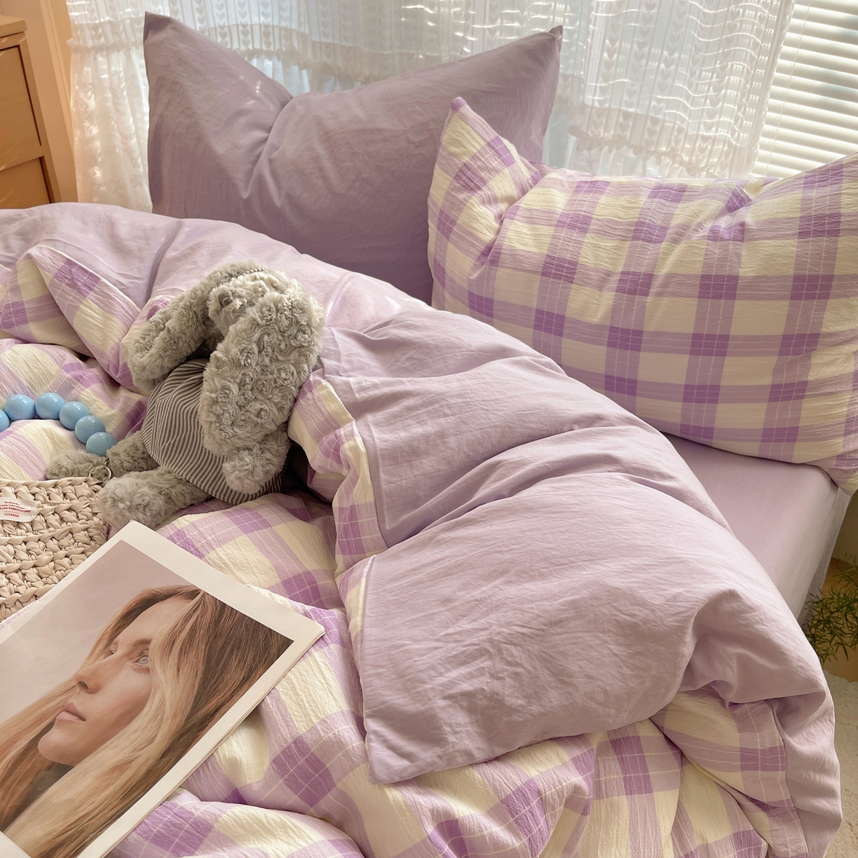 91家纺网 家纺一手货源 找家纺 轻奢坊2025新款格子撞色四件套 格格粉