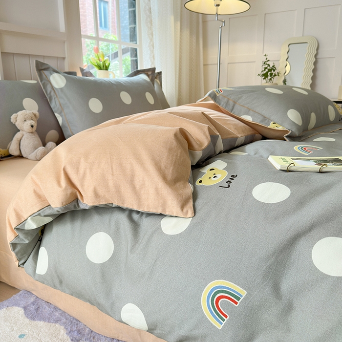 91家纺网 家纺一手货源 找家纺 悦织湾家纺2025新款100%全棉磨毛四件套加厚加密喷气织造纯棉床上用品4件套印花卡通小清新三件套不起球不掉色 彩虹小熊