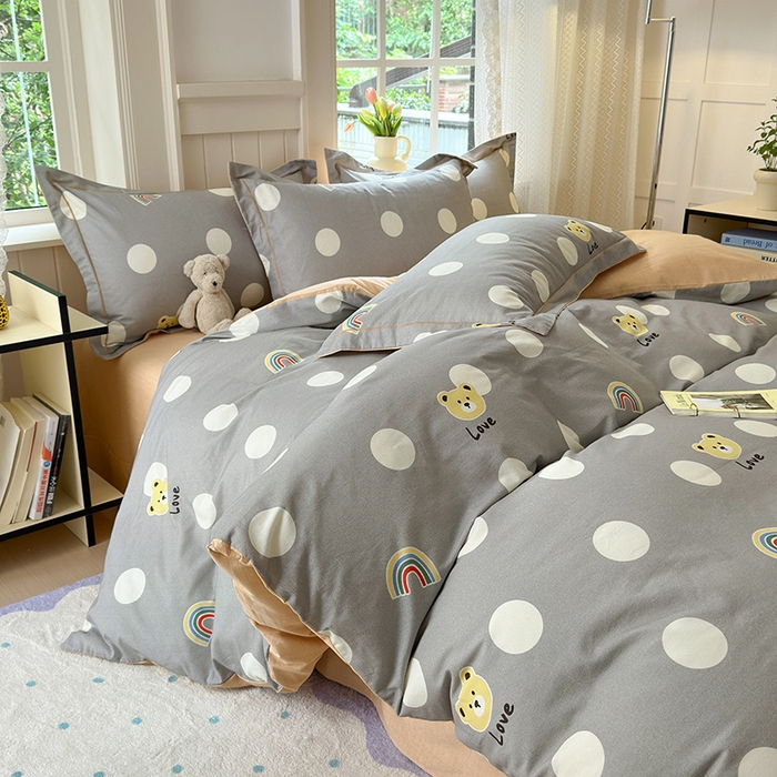 91家纺网 家纺一手货源 找家纺 悦织湾家纺2025新款100%全棉磨毛四件套加厚加密喷气织造纯棉床上用品4件套印花卡通小清新三件套不起球不掉色 彩虹小熊