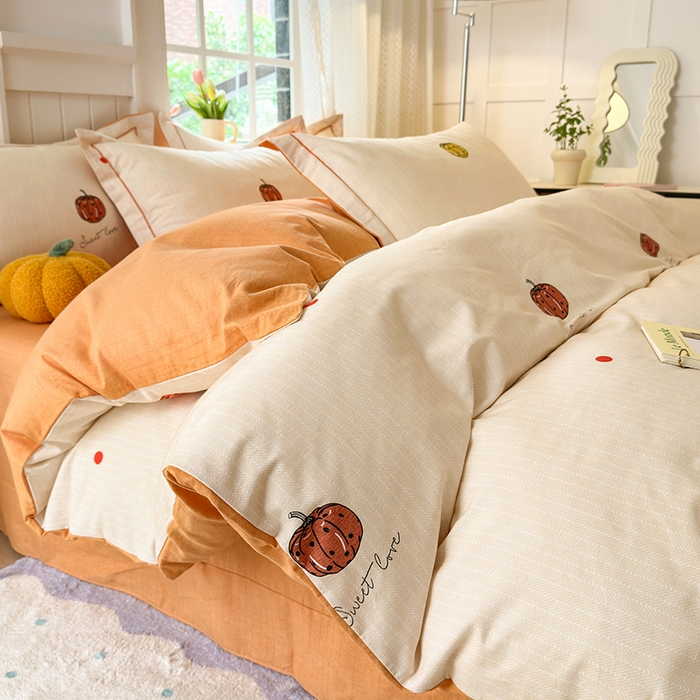 91家纺网 家纺一手货源 找家纺 悦织湾家纺2025新款100%全棉磨毛四件套加厚加密喷气织造纯棉床上用品4件套印花卡通小清新三件套不起球不掉色 南瓜派对