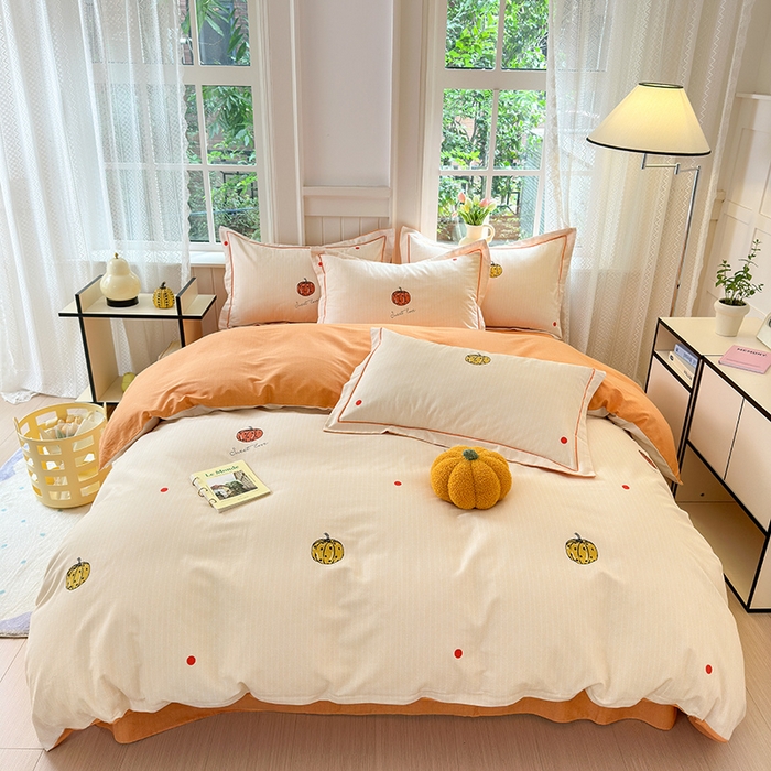 91家纺网 家纺一手货源 找家纺 悦织湾家纺2025新款100%全棉磨毛四件套加厚加密喷气织造纯棉床上用品4件套印花卡通小清新三件套不起球不掉色 南瓜派对