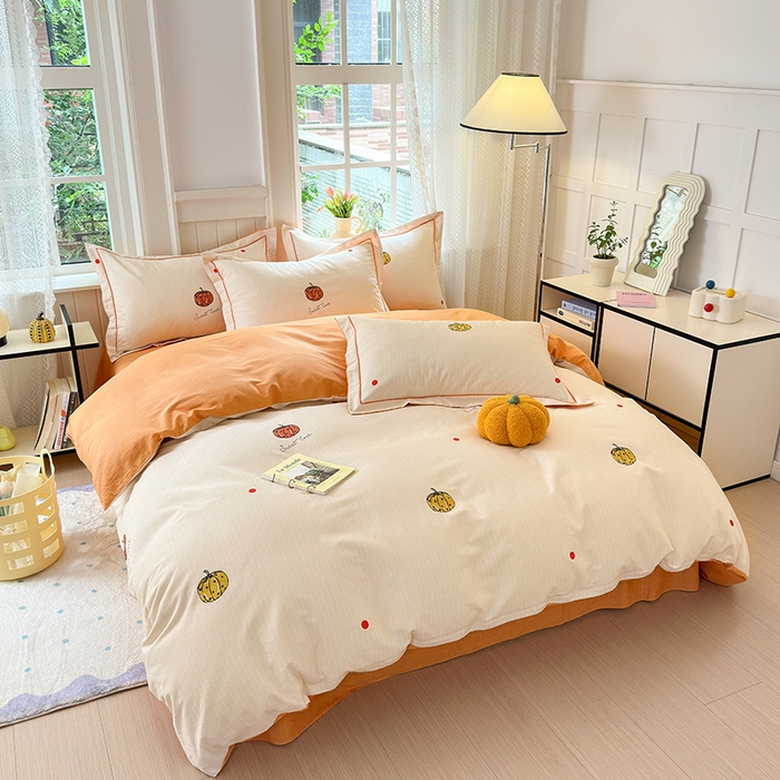 91家纺网 家纺一手货源 找家纺 悦织湾家纺2025新款100%全棉磨毛四件套加厚加密喷气织造纯棉床上用品4件套印花卡通小清新三件套不起球不掉色 南瓜派对