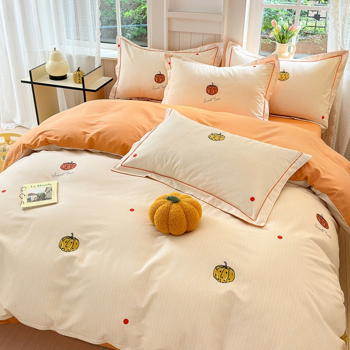 91家纺网 家纺一手货源 找家纺 悦织湾家纺2025新款100%全棉磨毛四件套加厚加密喷气织造纯棉床上用品4件套印花卡通小清新三件套不起球不掉色 南瓜派对