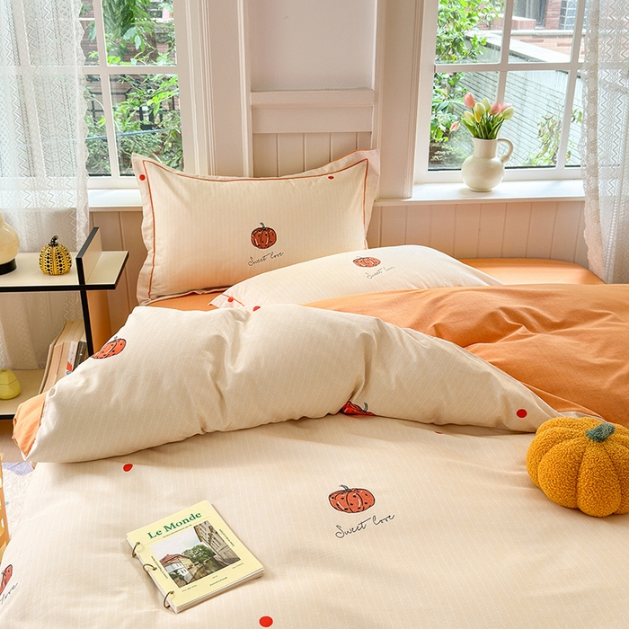 91家纺网 家纺一手货源 找家纺 悦织湾家纺2025新款100%全棉磨毛四件套加厚加密喷气织造纯棉床上用品4件套印花卡通小清新三件套不起球不掉色 南瓜派对