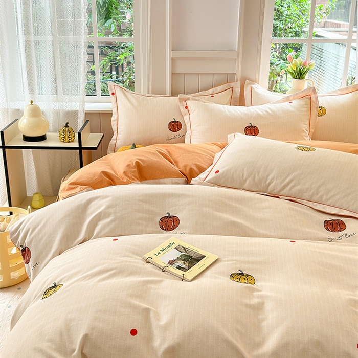 91家纺网 家纺一手货源 找家纺 悦织湾家纺2025新款100%全棉磨毛四件套加厚加密喷气织造纯棉床上用品4件套印花卡通小清新三件套不起球不掉色 南瓜派对