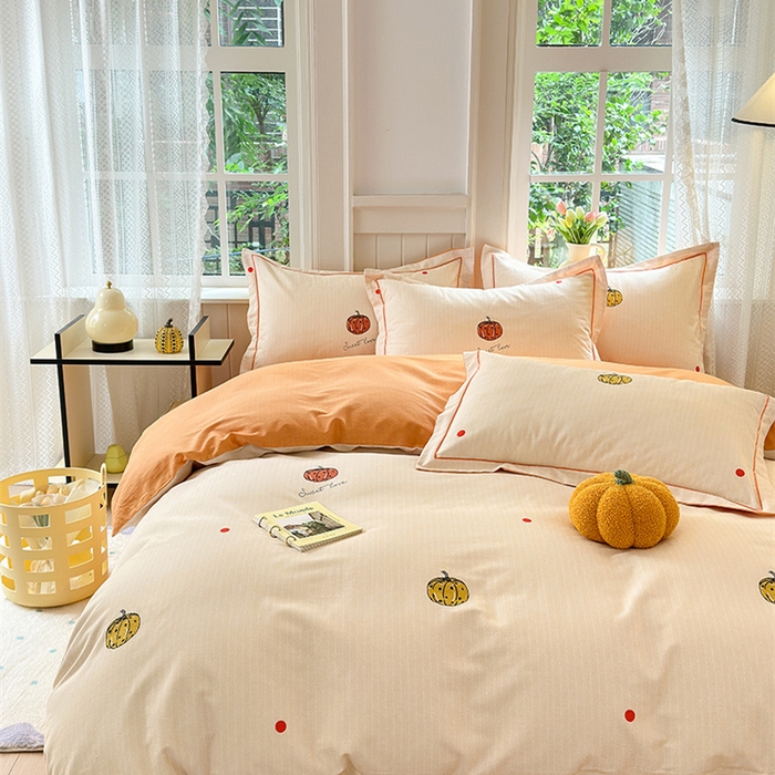 91家纺网 家纺一手货源 找家纺 悦织湾家纺2025新款100%全棉磨毛四件套加厚加密喷气织造纯棉床上用品4件套印花卡通小清新三件套不起球不掉色 南瓜派对