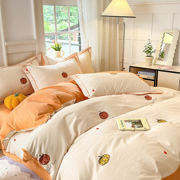 91家纺网 家纺一手货源 找家纺 悦织湾家纺2025新款100%全棉磨毛四件套加厚加密喷气织造纯棉床上用品4件套印花卡通小清新三件套不起球不掉色 南瓜派对