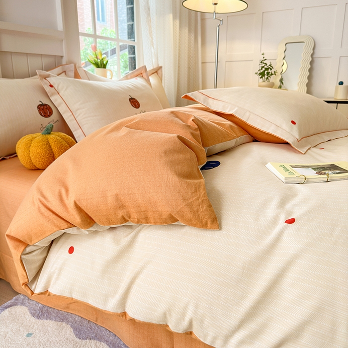 91家纺网 家纺一手货源 找家纺 悦织湾家纺2025新款100%全棉磨毛四件套加厚加密喷气织造纯棉床上用品4件套印花卡通小清新三件套不起球不掉色 南瓜派对