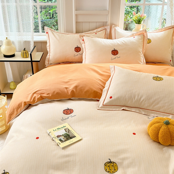 91家纺网 家纺一手货源 找家纺 悦织湾家纺2025新款100%全棉磨毛四件套加厚加密喷气织造纯棉床上用品4件套印花卡通小清新三件套不起球不掉色 南瓜派对