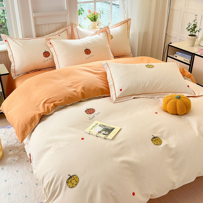 91家纺网 家纺一手货源 找家纺 悦织湾家纺2025新款100%全棉磨毛四件套加厚加密喷气织造纯棉床上用品4件套印花卡通小清新三件套不起球不掉色 南瓜派对