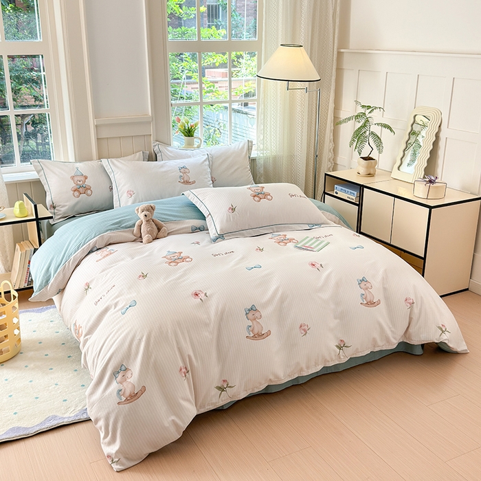 91家纺网 家纺一手货源 找家纺 悦织湾家纺2025新款100%全棉磨毛四件套加厚加密喷气织造纯棉床上用品4件套印花卡通小清新三件套不起球不掉色 童趣时光