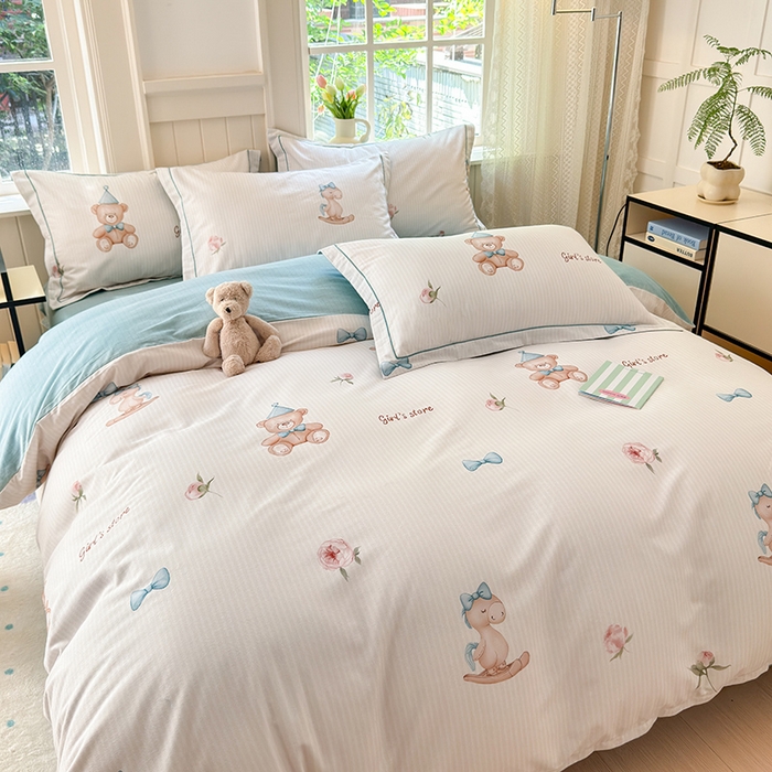 91家纺网 家纺一手货源 找家纺 悦织湾家纺2025新款100%全棉磨毛四件套加厚加密喷气织造纯棉床上用品4件套印花卡通小清新三件套不起球不掉色 童趣时光