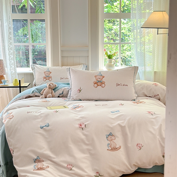 91家纺网 家纺一手货源 找家纺 悦织湾家纺2025新款100%全棉磨毛四件套加厚加密喷气织造纯棉床上用品4件套印花卡通小清新三件套不起球不掉色 童趣时光