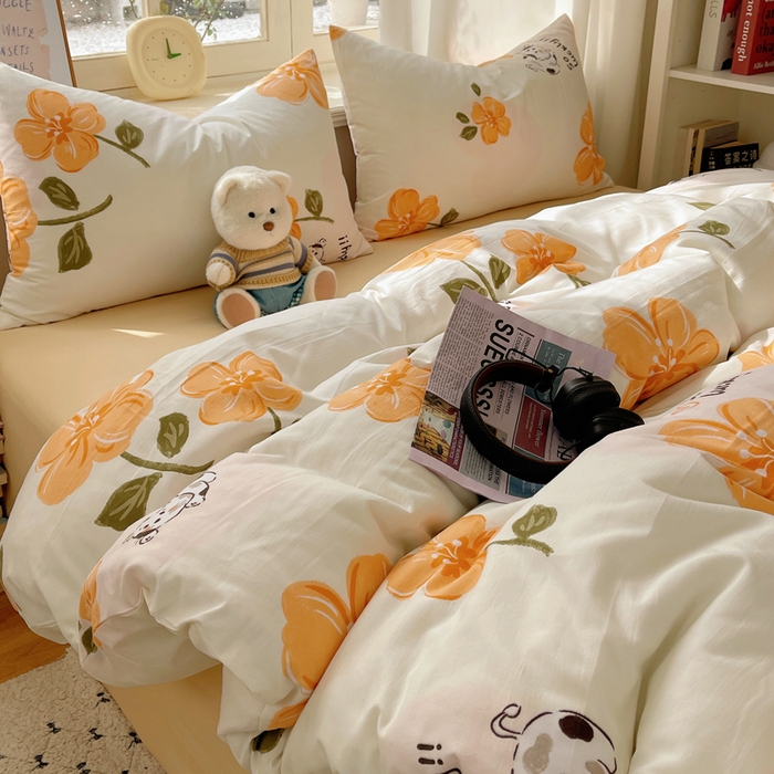 91家纺网 家纺一手货源 找家纺 芷凡家纺 2025新款水洗棉双层纱四件套 爱心猫咪