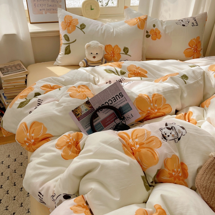 91家纺网 家纺一手货源 找家纺 芷凡家纺 2025新款水洗棉双层纱四件套 爱心猫咪